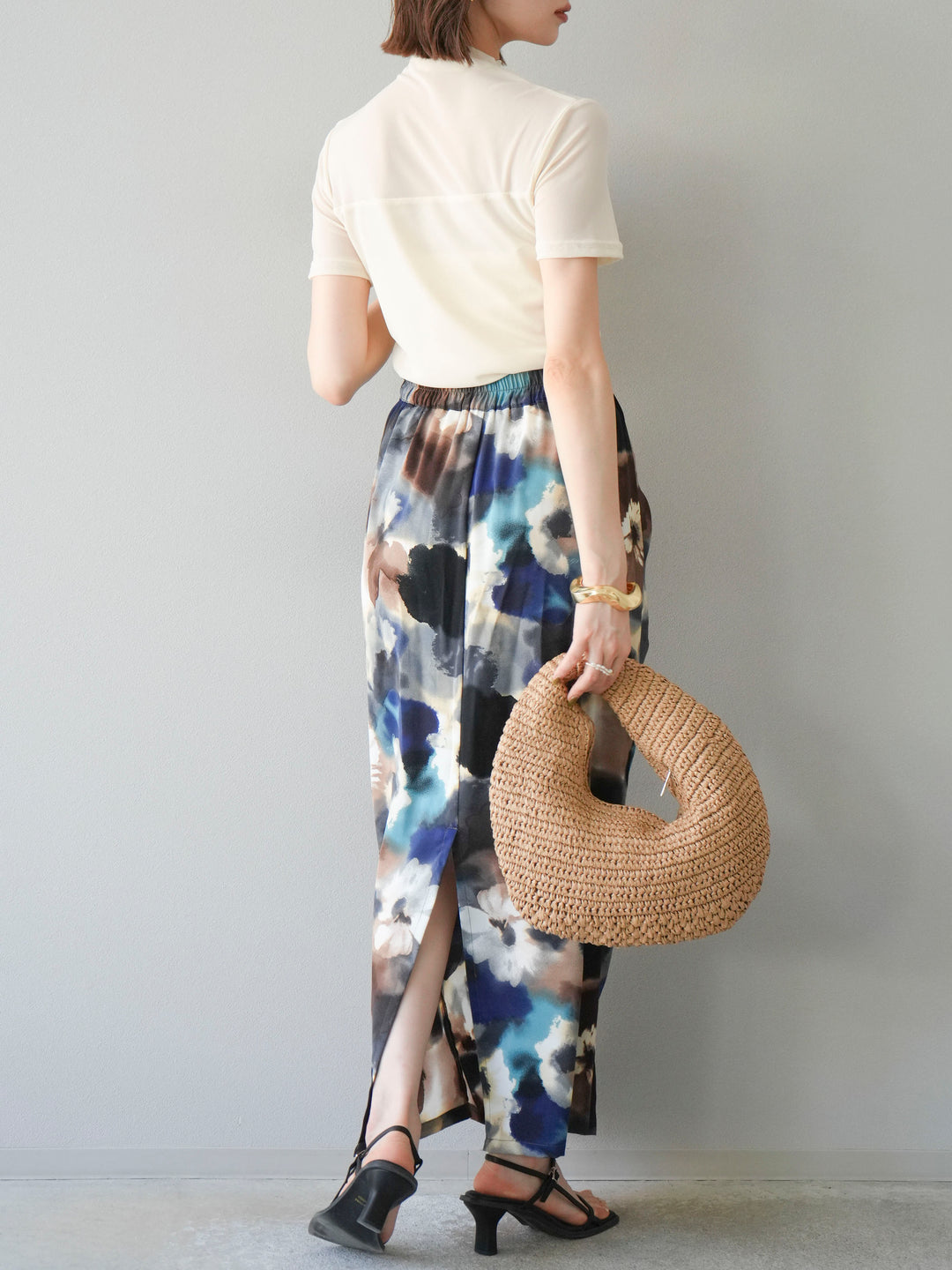 [SET] 透視半袖上衣 + 水彩印花褶襉I字裙 (2set)