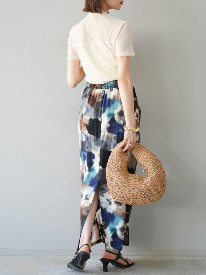 [SET] 透視半袖上衣 + 水彩印花褶襉I字裙 (2set)