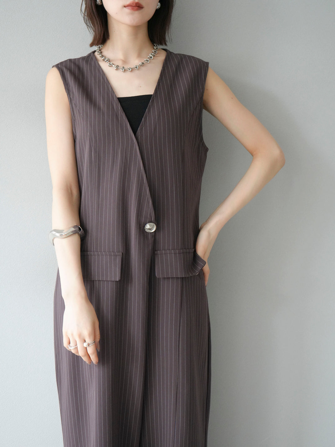 [予約]ストライプラップデザインオールインワン/ブラウン