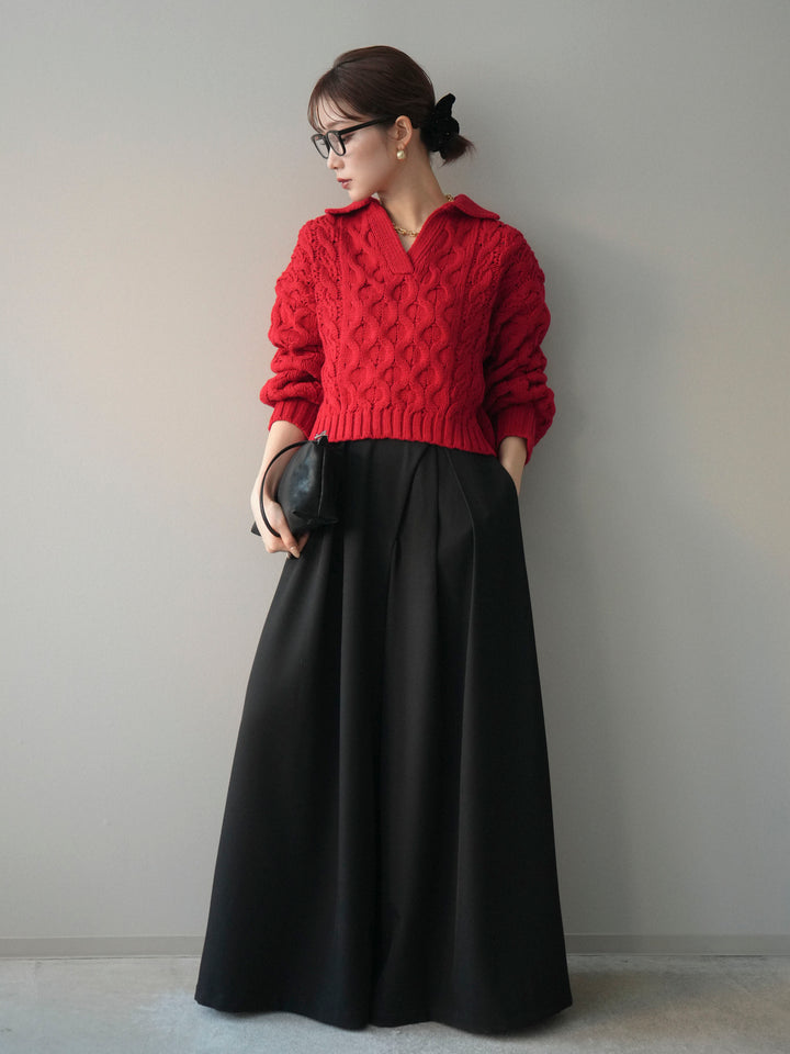 [SET]バルキーケーブルクロップド開襟プルオーバー+テープベルトタックバギーパンツ(2set)