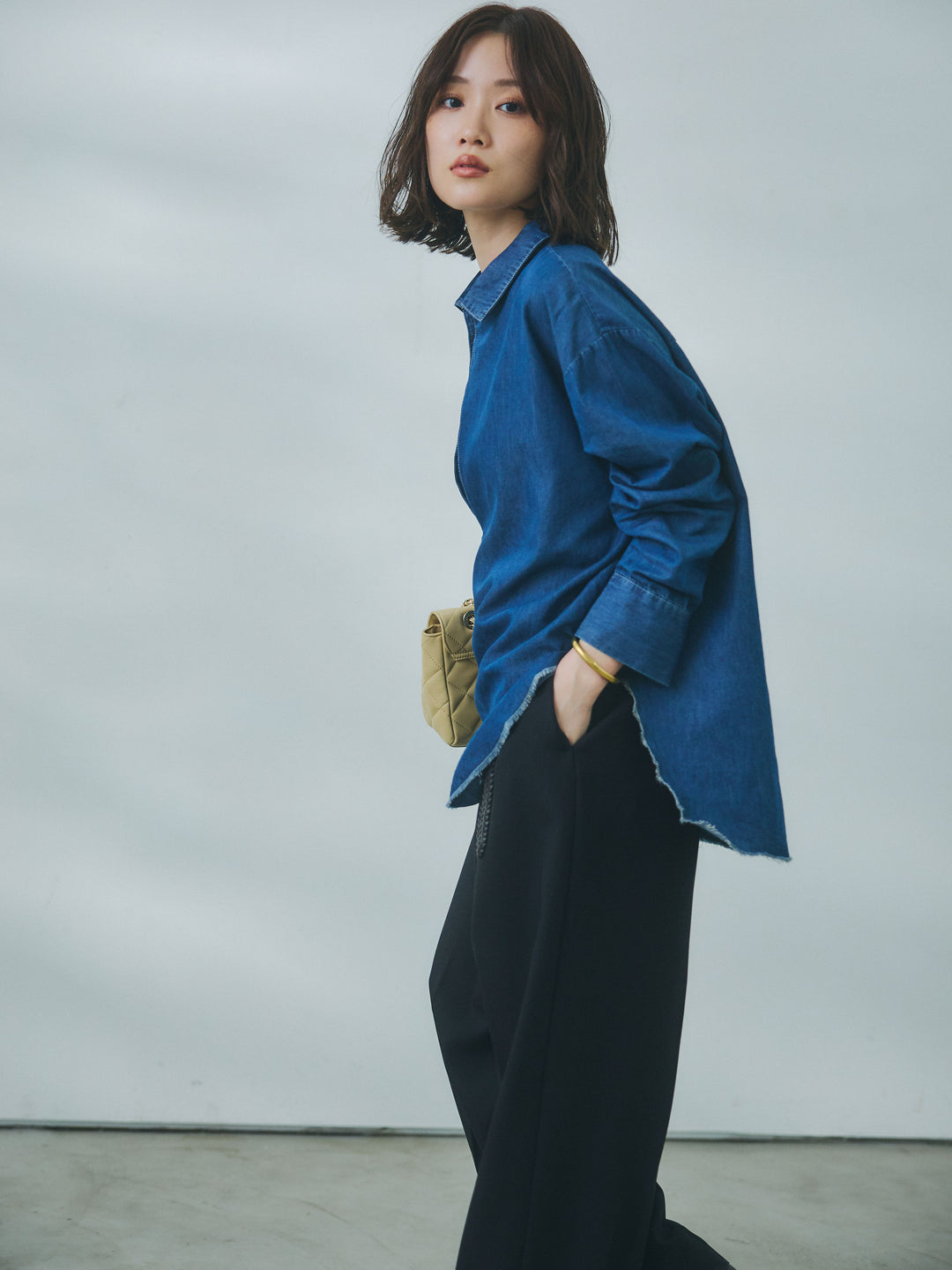 【Allure】[SET]コットンライクスキッパーシャツ+杢調ライトストレートパンツ(2set)