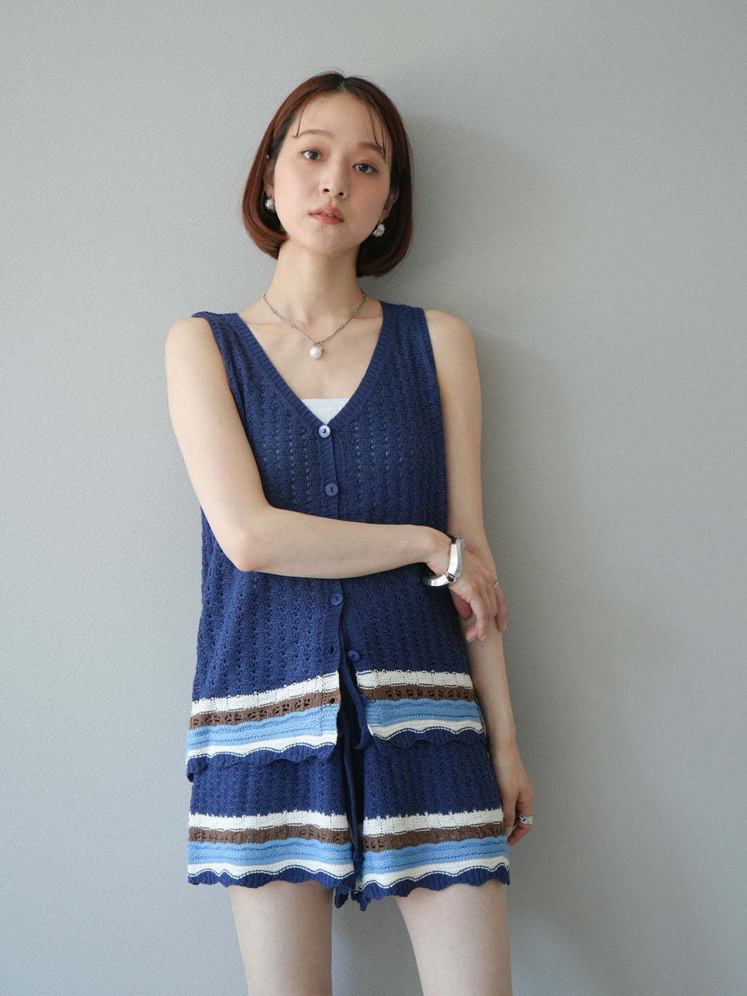 [SET]裾マルチボーダーニットベスト＆ショートパンツ SET UP(2set)