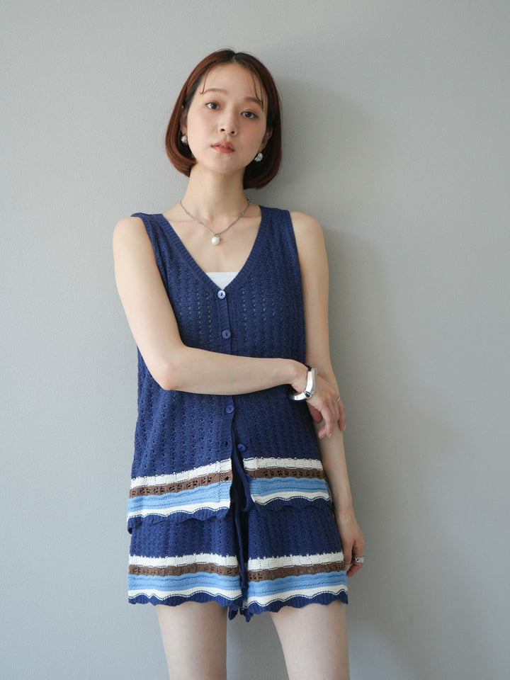 [SET]裾マルチボーダーニットベスト＆ショートパンツ SET UP(2set)