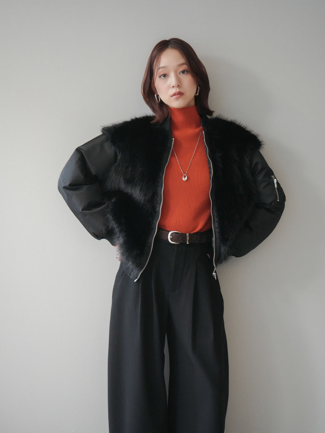 [SET]ファードッキングMA-1+アニマル柄ベルト付きウールタッチワイドパンツ(2set)