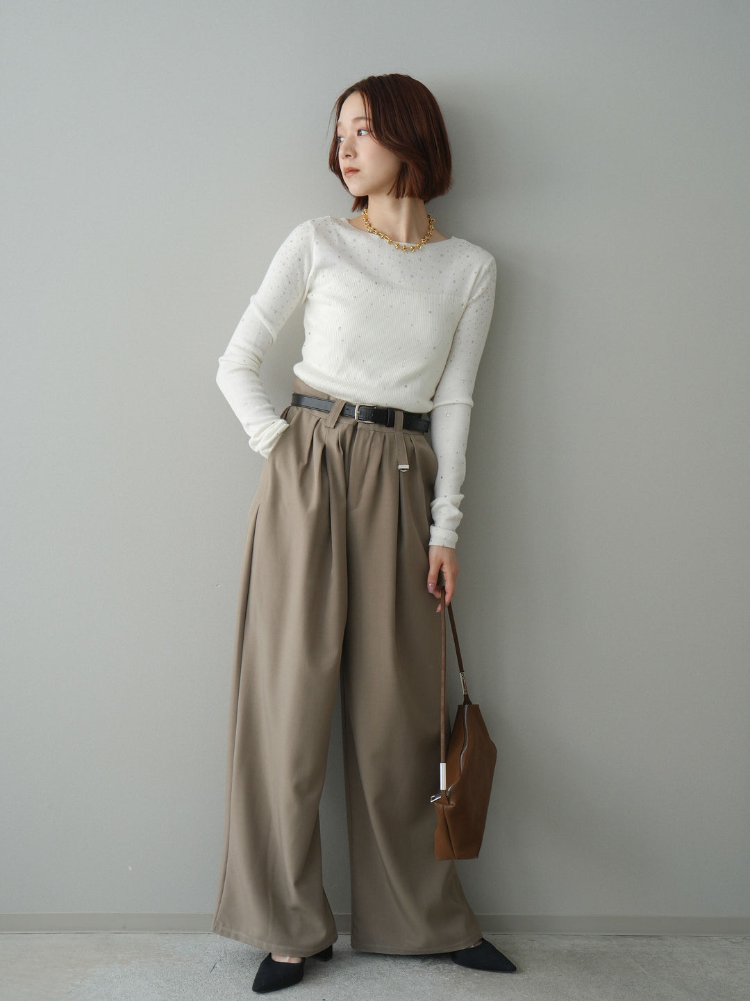 [予約]ベルト付キーホルダーモチーフワイドパンツ/mocha