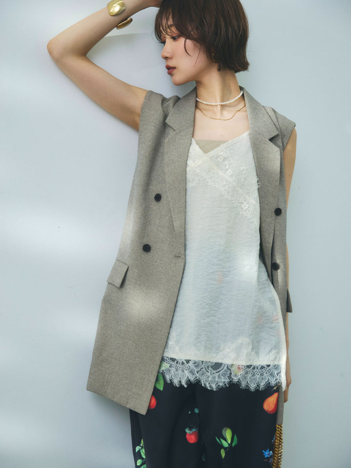 【Allure】[SET]杢調ミディ丈テーラードジレ+リネンタッチレース切替キャミソール(2set)