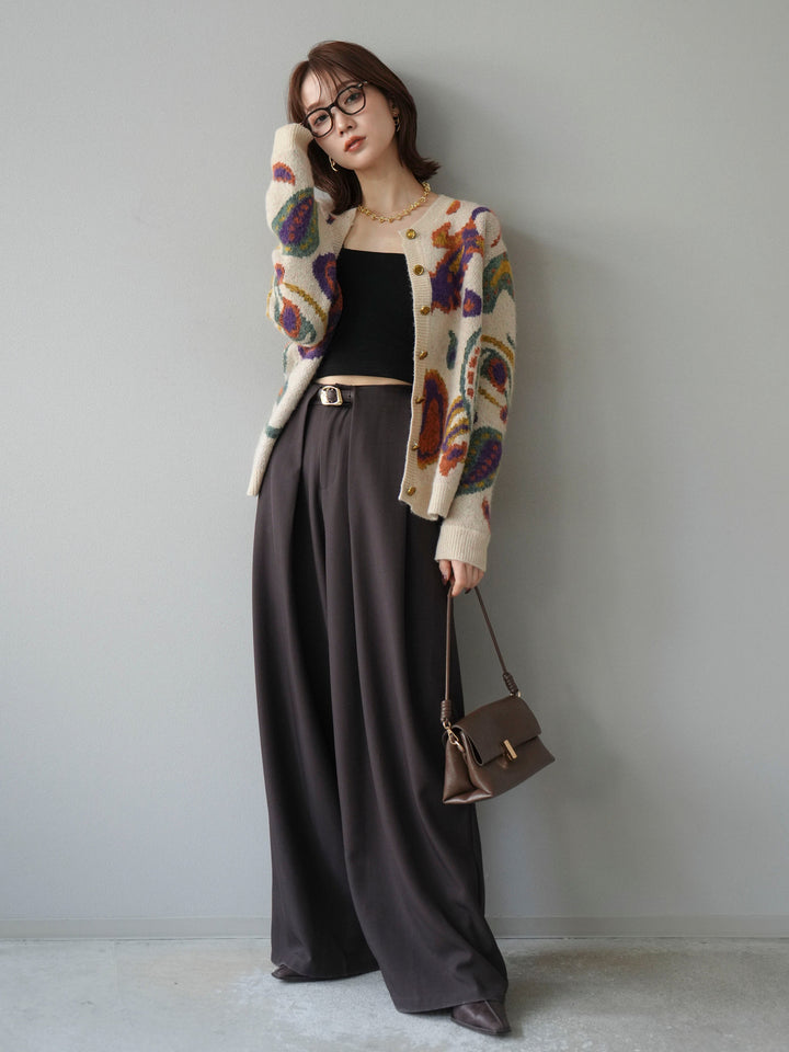 [SET]ミックスヤーンペイズリー柄ニットカーディガン+ベルトループデザインワイドパンツ(2set)