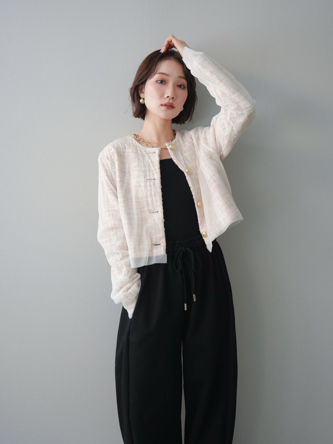 [予約]チュールレイヤードツイードクロップドジャケット/orange