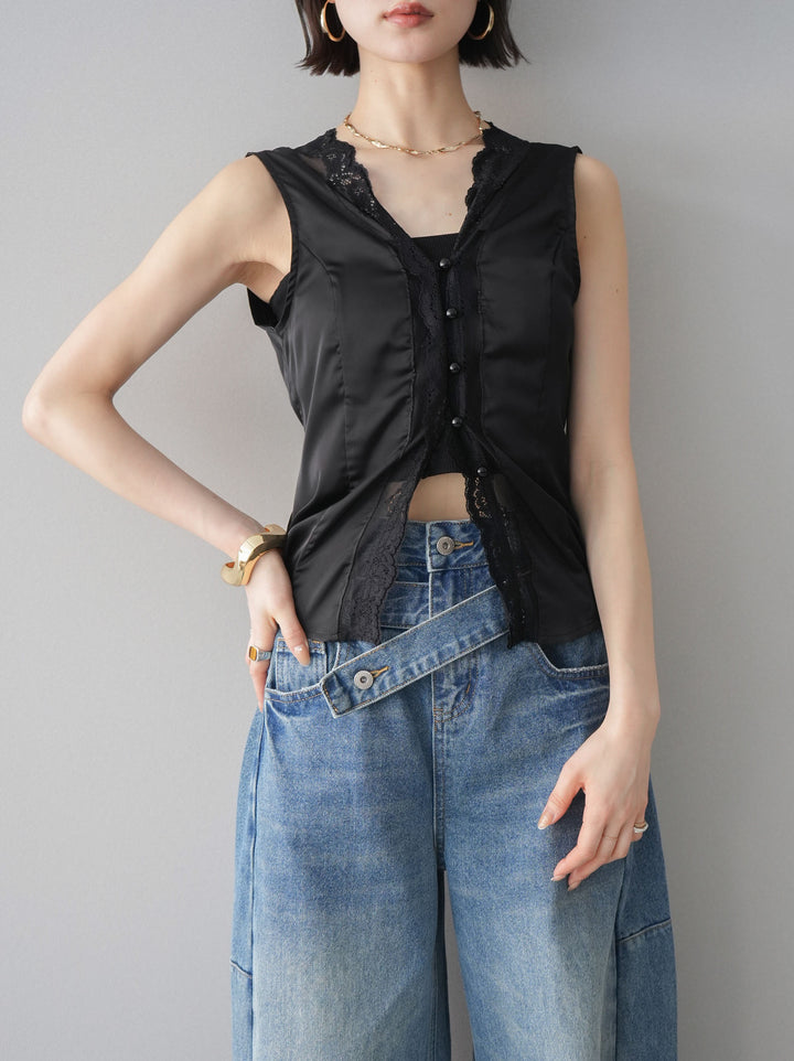 [予約]ノースリサテンレースキャミソール/black