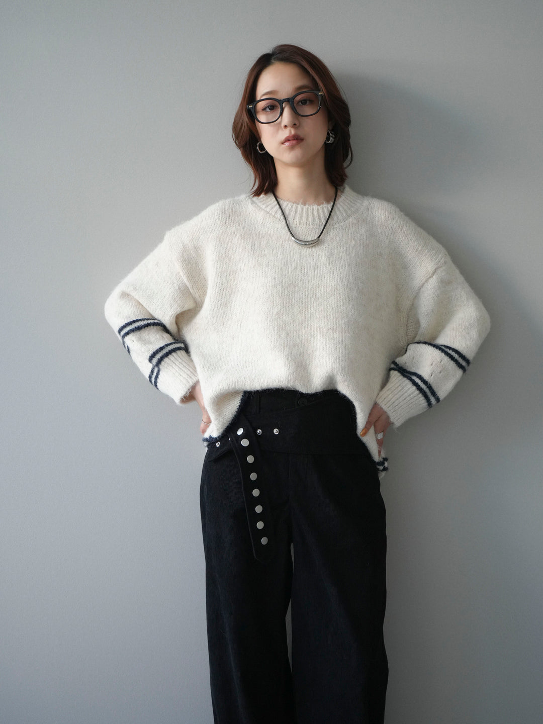 [SET]クルーネックラインボーダーニットプルオーバー+選べるアクセセット(2set)