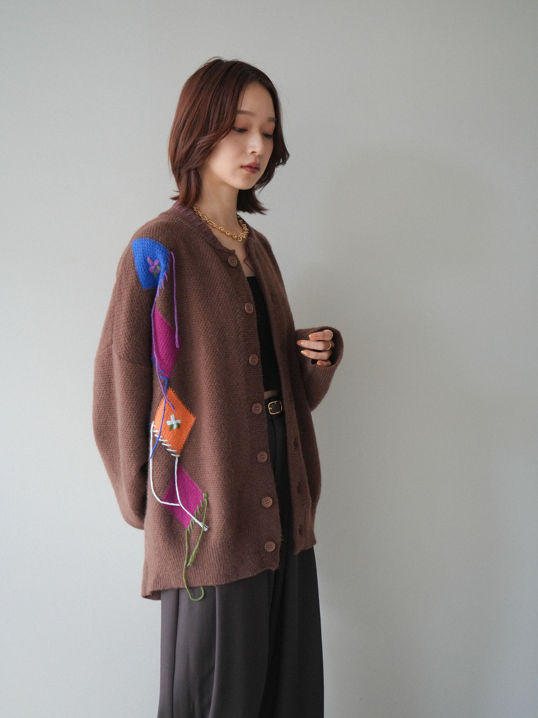 [SET]ハンドステッチアーガイルデザインニットカーディガン+ベルトループデザインワイドパンツ(2set)