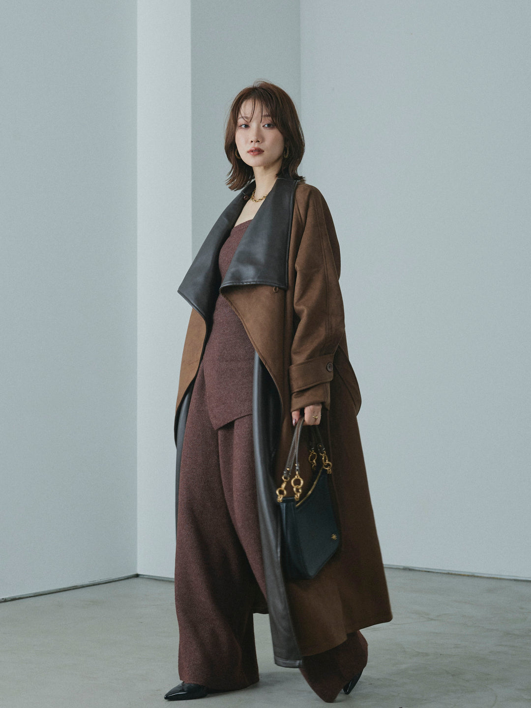 【Allure】[SET]ニットベアトップ＆ワイドパンツSET UP+レザーカラースウェードロングコート(2set)