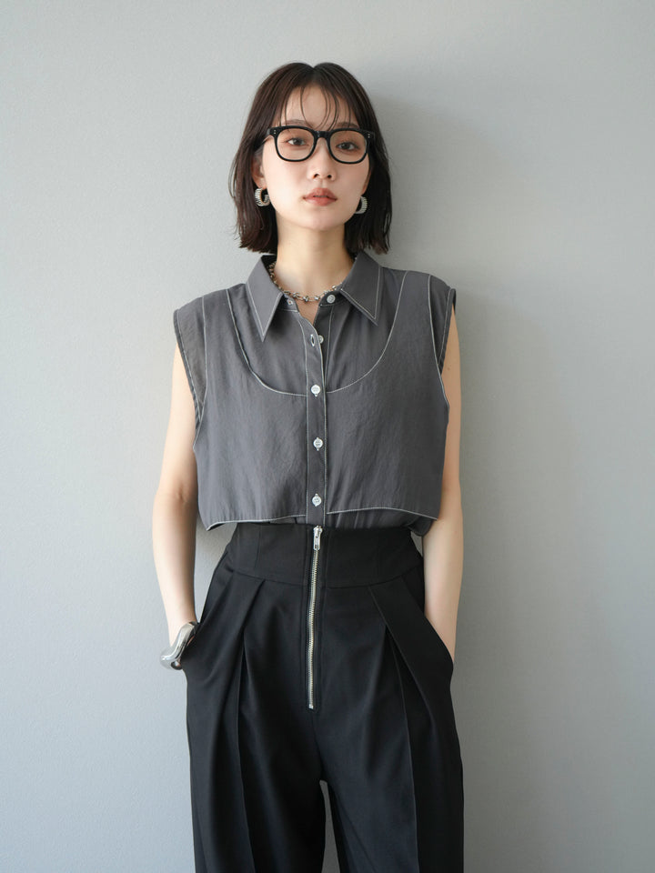 [預訂] 縫合透視多層設計襯衫/炭灰色