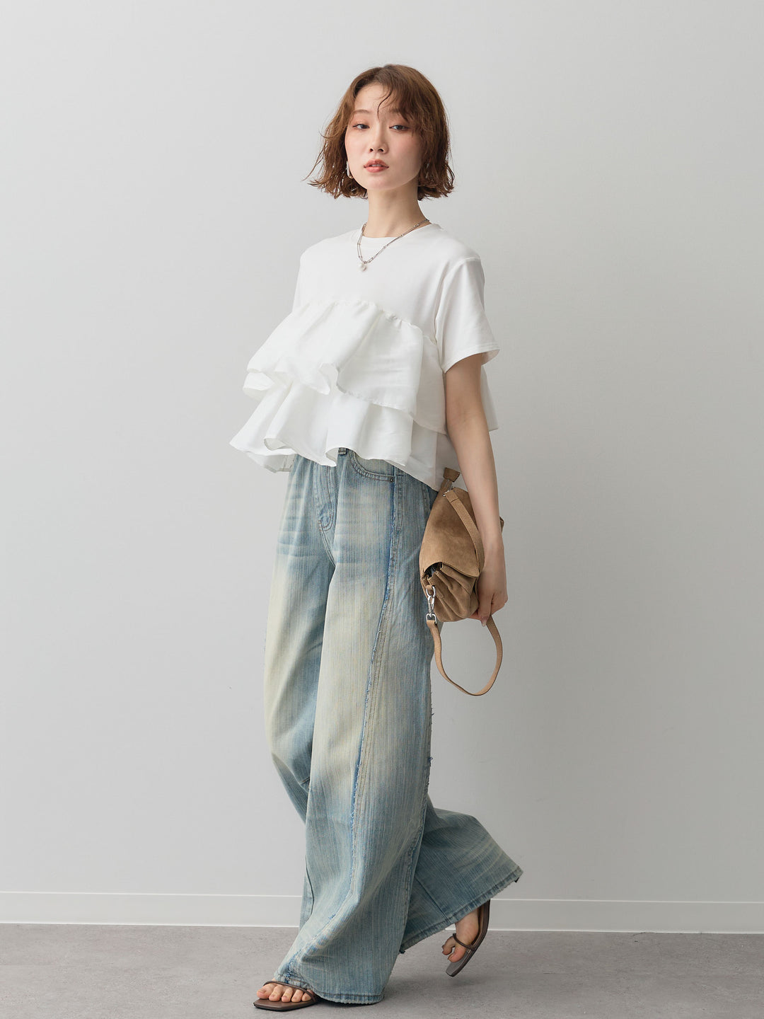 [SET]フリルティアードTEE+縦ウォッシュワイドデニムパンツ(2set)