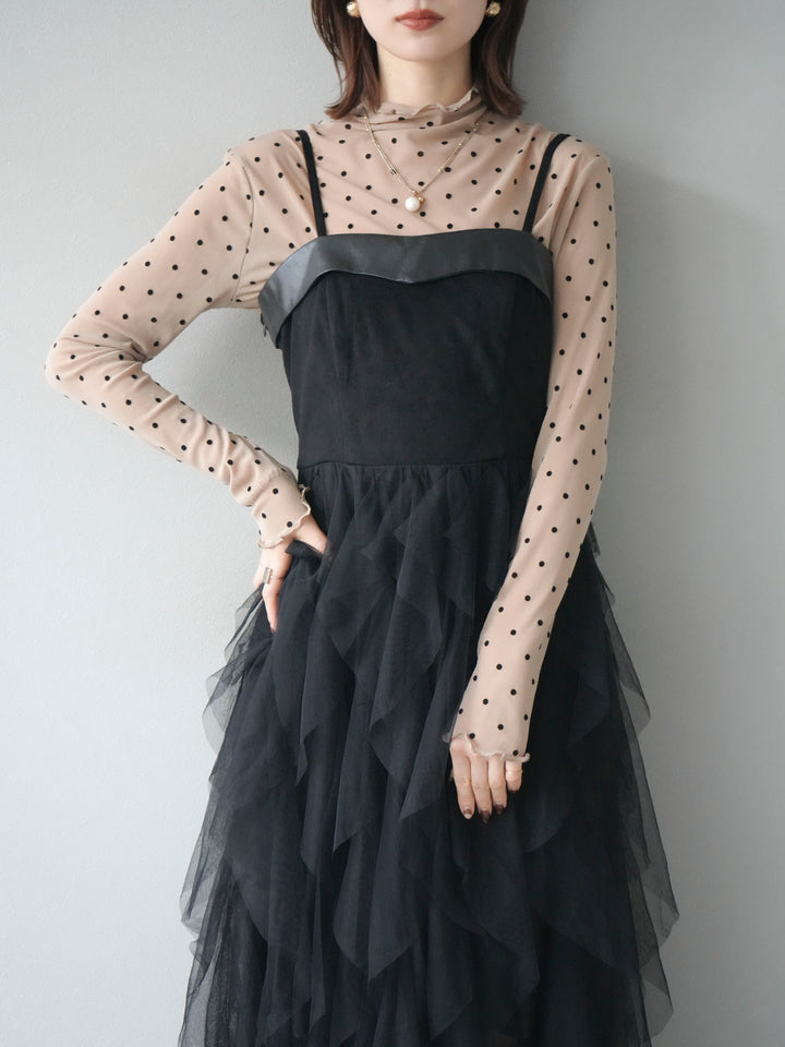 [予約]レザー切替チュールラッフルワンピース/black