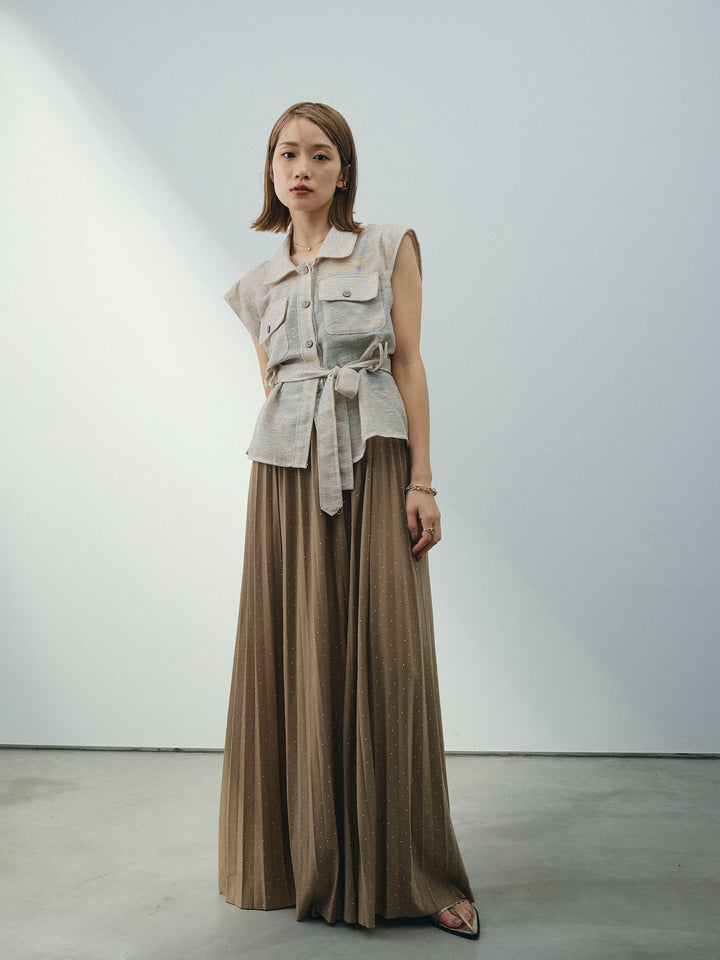 [SET]ミックスヤーンメッシュブラウス+ラインストーンプリーツスカート(2set)