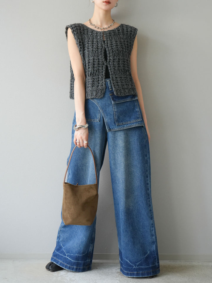 [予約]ミックスヤーンデザイン編みニットベスト/チャコール