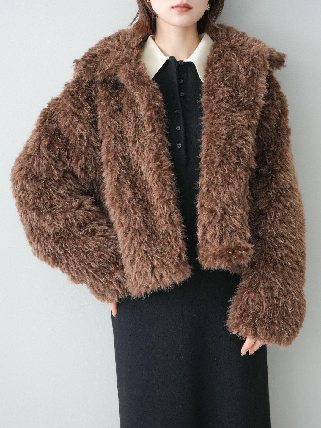 [SET]配色ポロニットワンピース+フェイクファー襟付きショートブルゾン(2set)