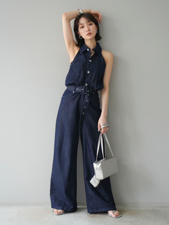 【預購】翻領牛仔連身衣/深藍色