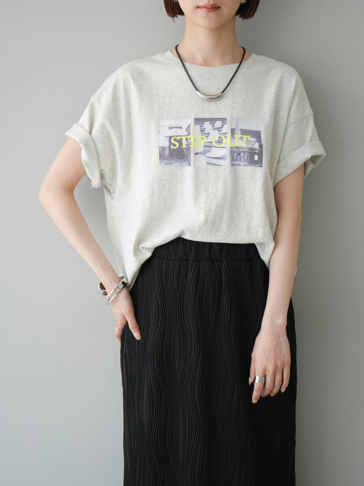 [SET]ネオンロゴコラージュフォトプリントオーバーTシャツ+ウェーブパイピングタイトスカート(2set)