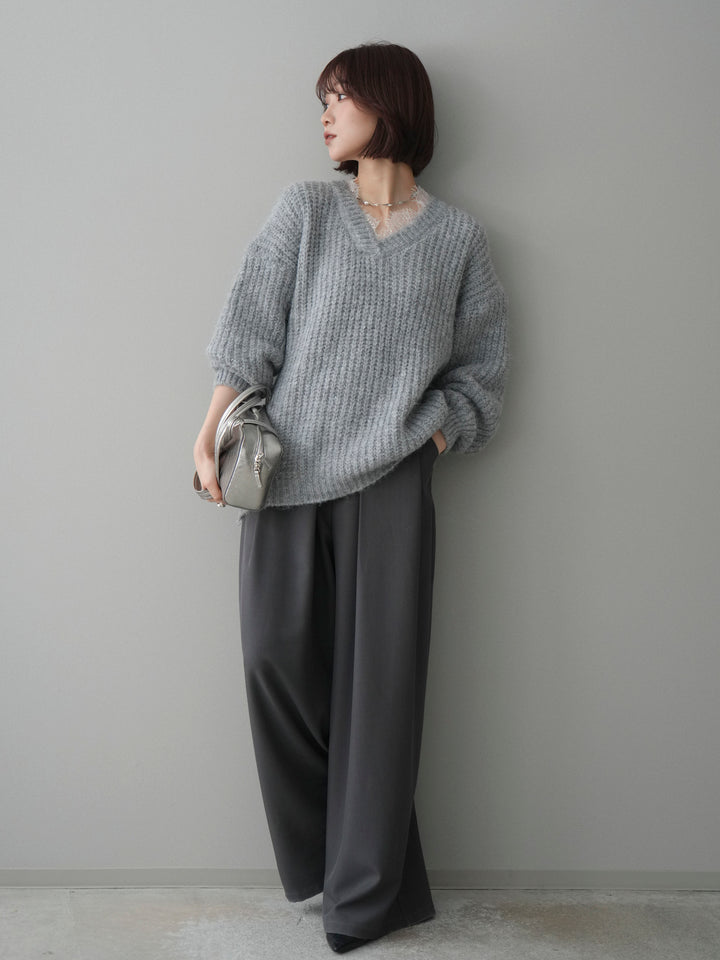 [SET]Vネックレースニットプルオーバー+ベルトループデザインワイドパンツ(2set)