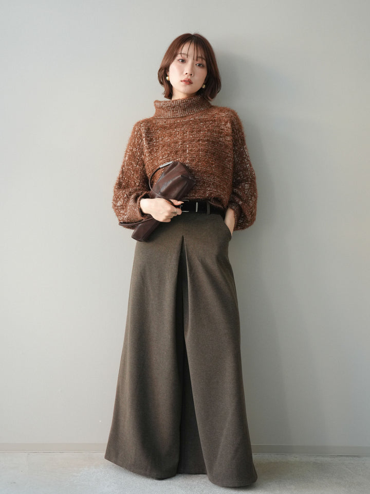 [SET]オフタートルケーブル編みニットプルオーバー+ベルト付きフロントタックワイドパンツ(2set)