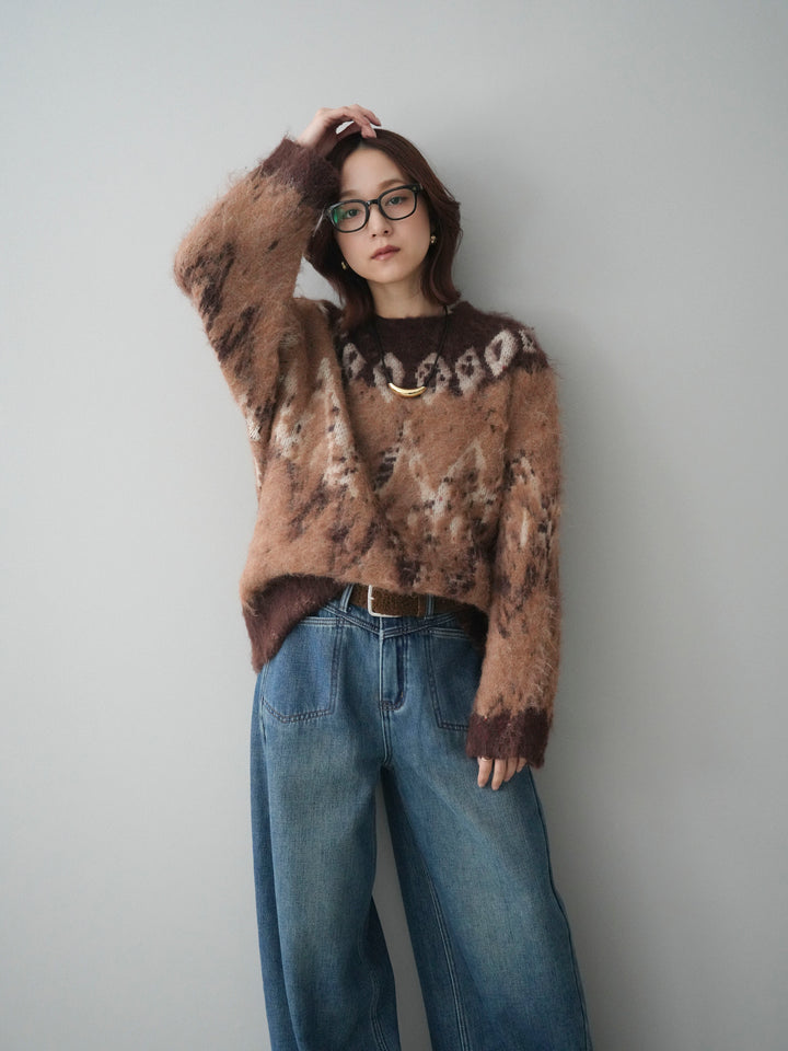 [SET]シャギーニュアンス柄ニットプルオーバー+ベルト付裏起毛カーブデニムパンツ(2set)