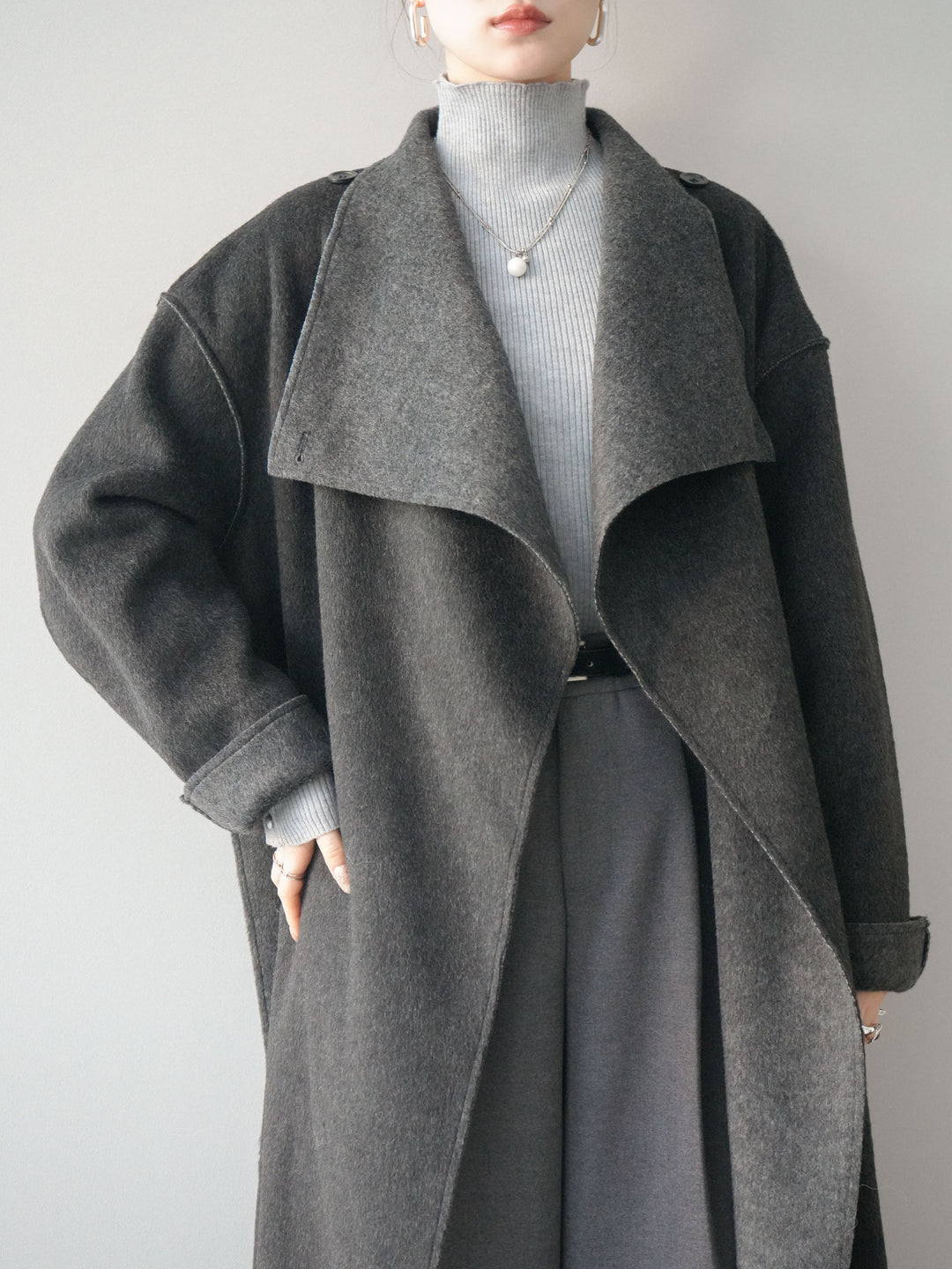 [予約]ダブルフェイスバイカラーロングコート/charcoal