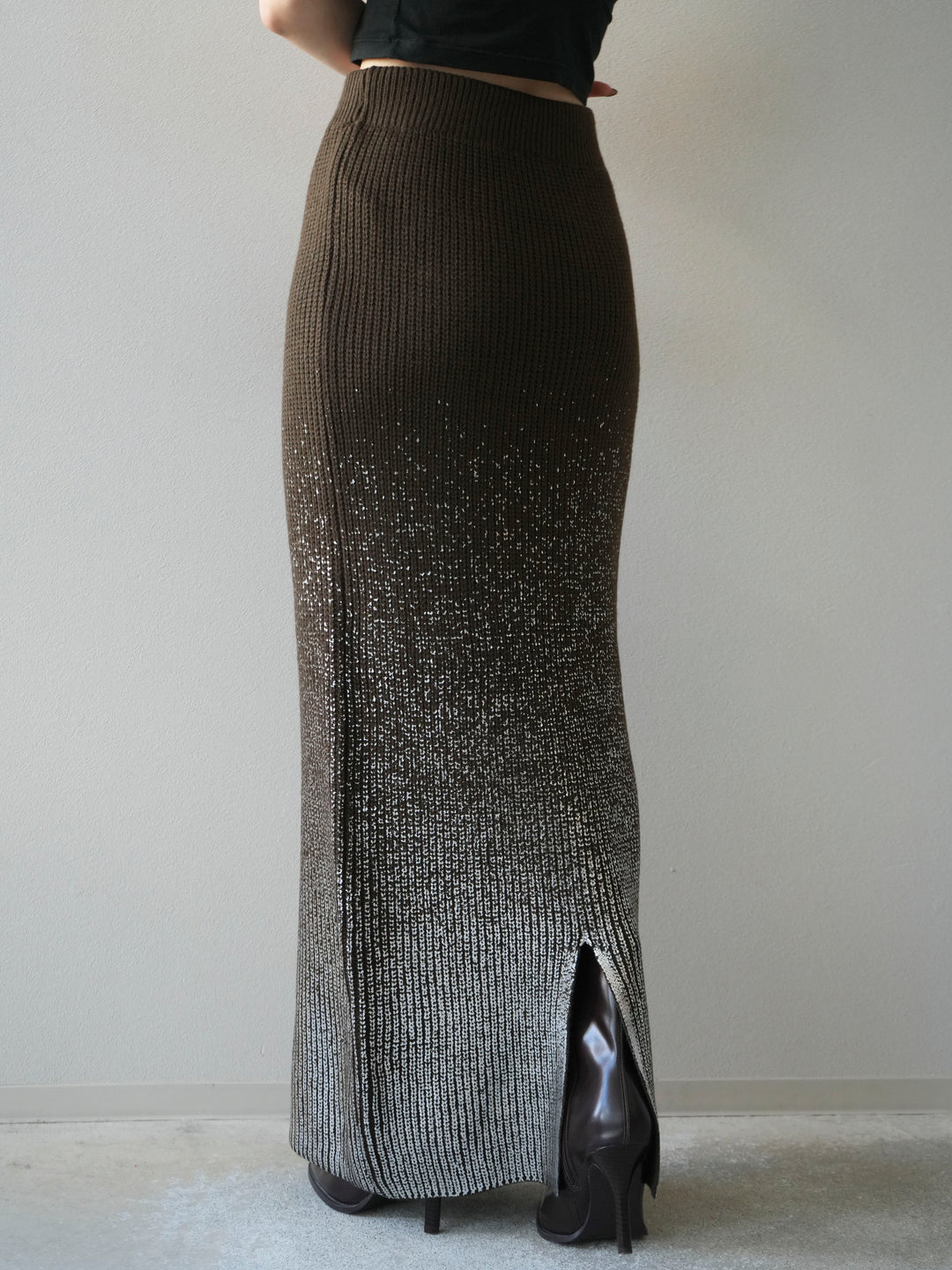 [予約]箔プリントニットタイトスカート/coffeebrown