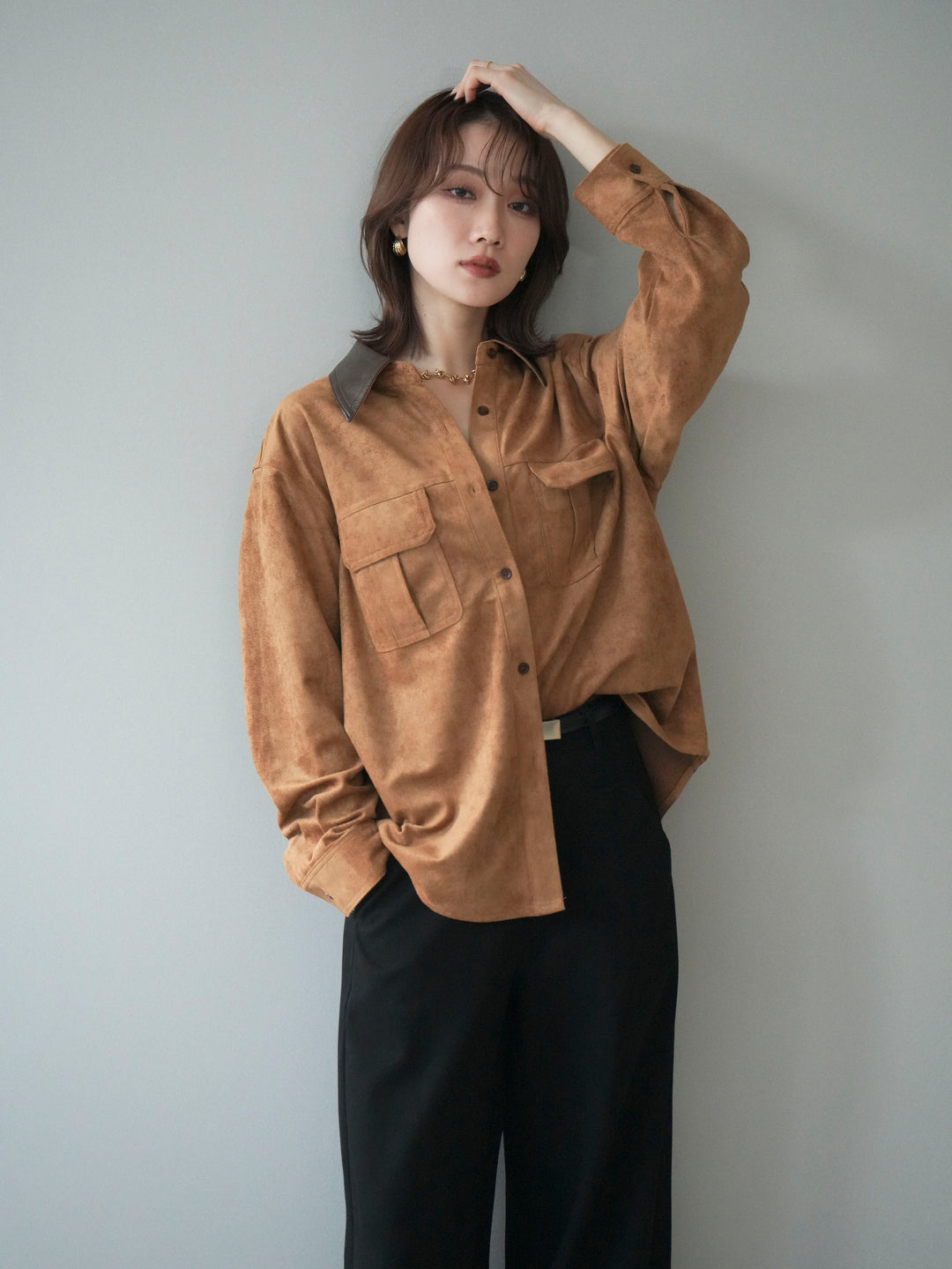 [予約]レザー襟スエードシャツ/camel