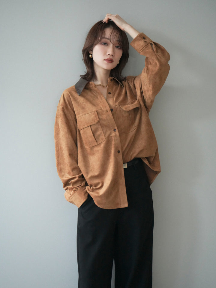 [予約]レザー襟スエードシャツ/camel
