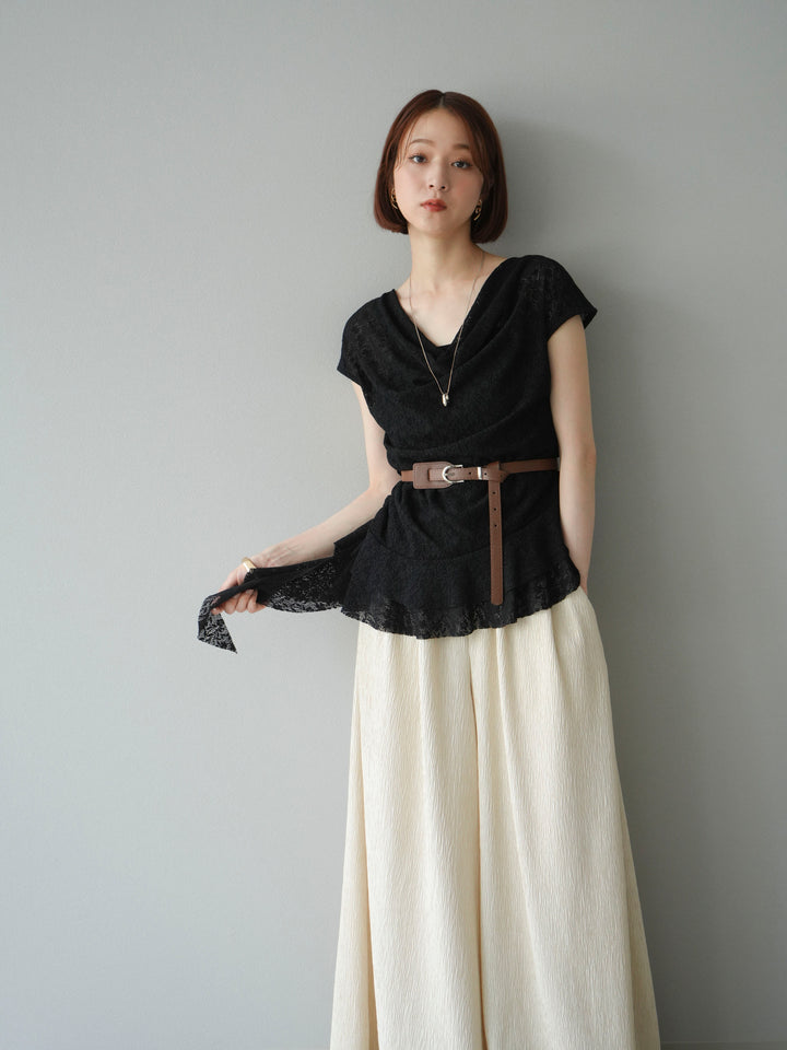 [予約]ベルト付ドレープデザインレーストップス/ブラック