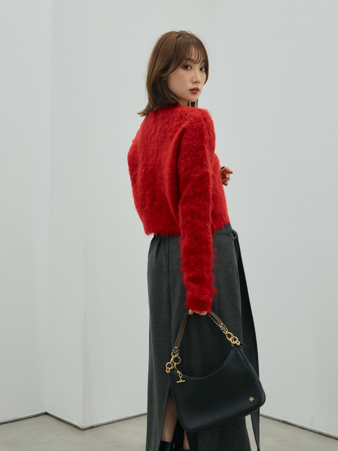 [予約]モヘアタッチクロップドニットプルオーバー/red