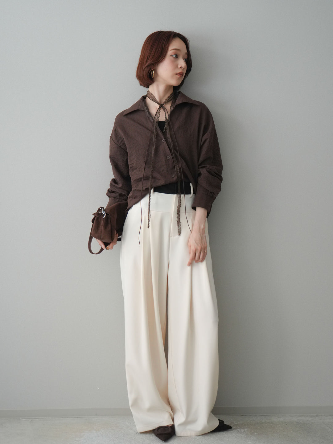 [予約]ウエストバイカラータックワイドパンツ/ivory