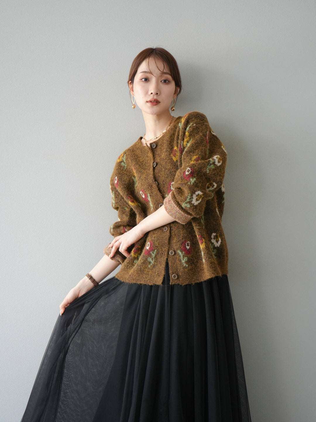 [予約]ウールタッチフラワーニットカーディガン/ブラウン