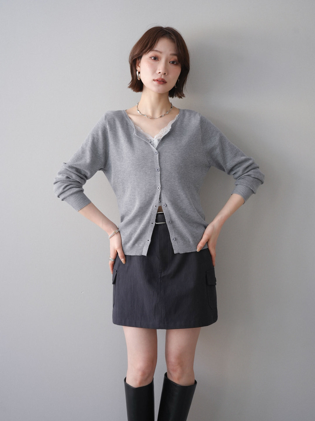 [予約]レースレイヤードニットカーディガン/gray