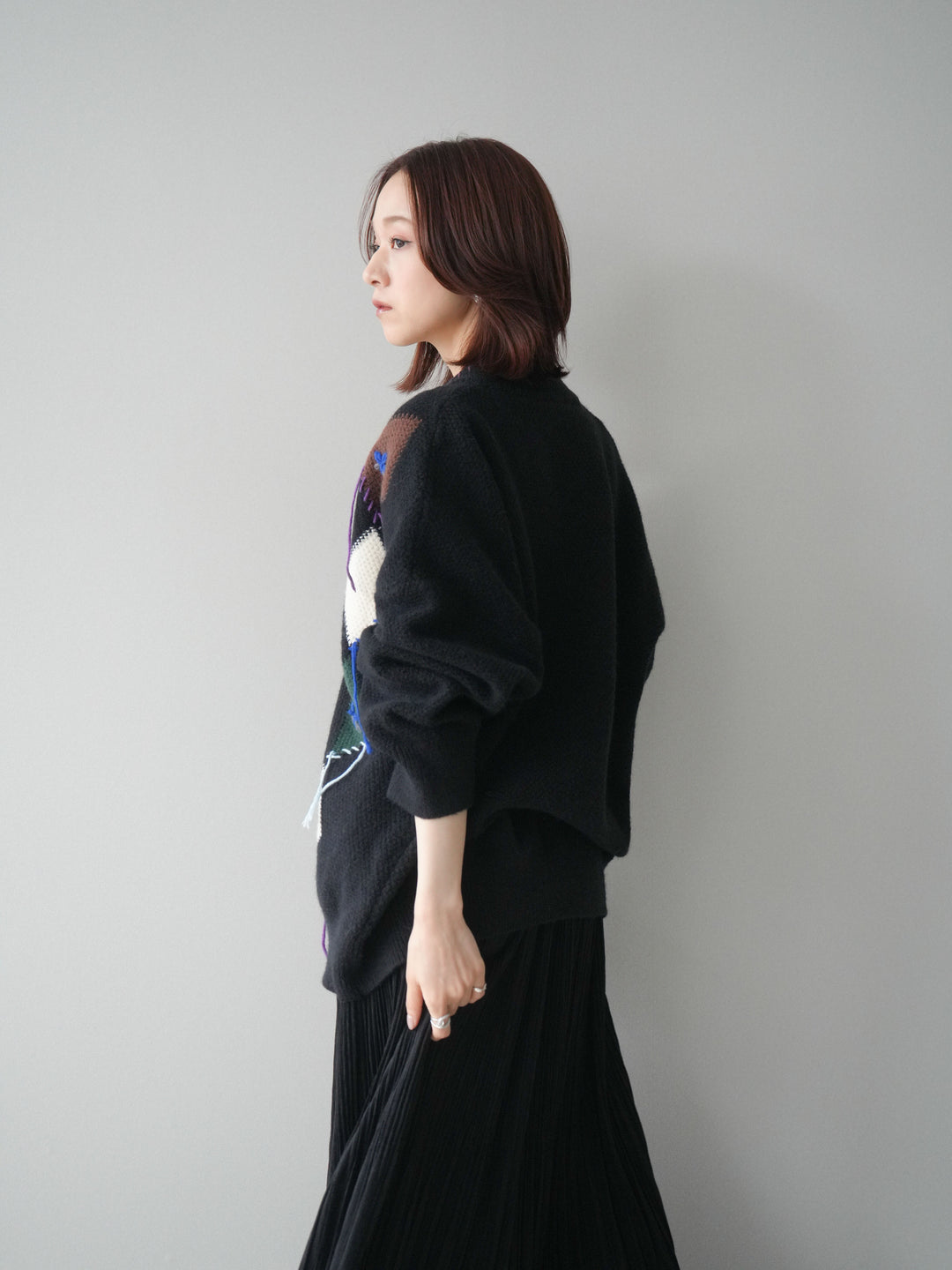 [SET]ハンドステッチアーガイルデザインニットカーディガン+裾レーススウェードプリーツマキシスカート(2set)