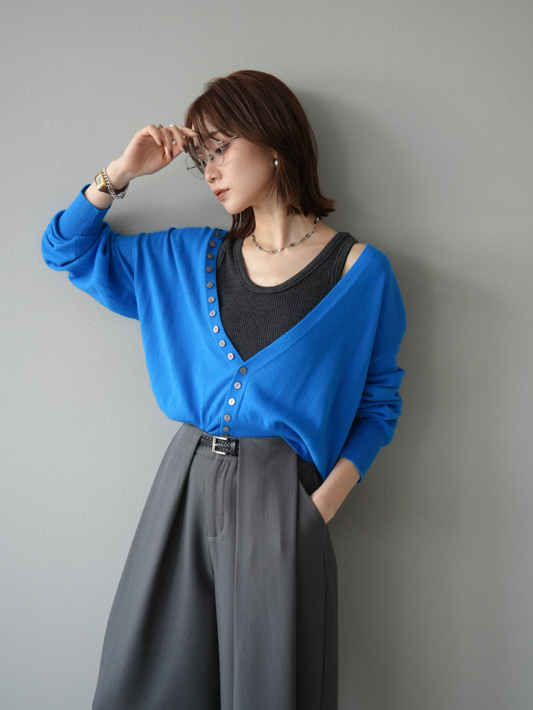 [SET]デザインボタンニットカーディガン＆タンクトップSET+ベルトループデザインワイドパンツ(2set)