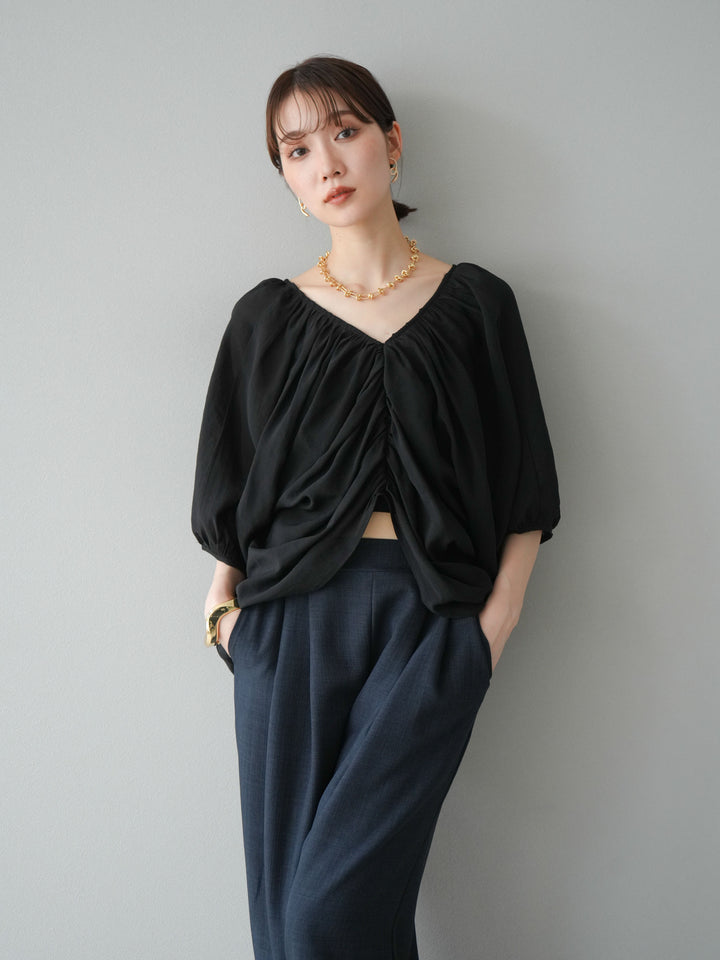 [SET]ボリュームスリーブシアータックブラウス+リネンライクイージーワイドパンツ(2set)