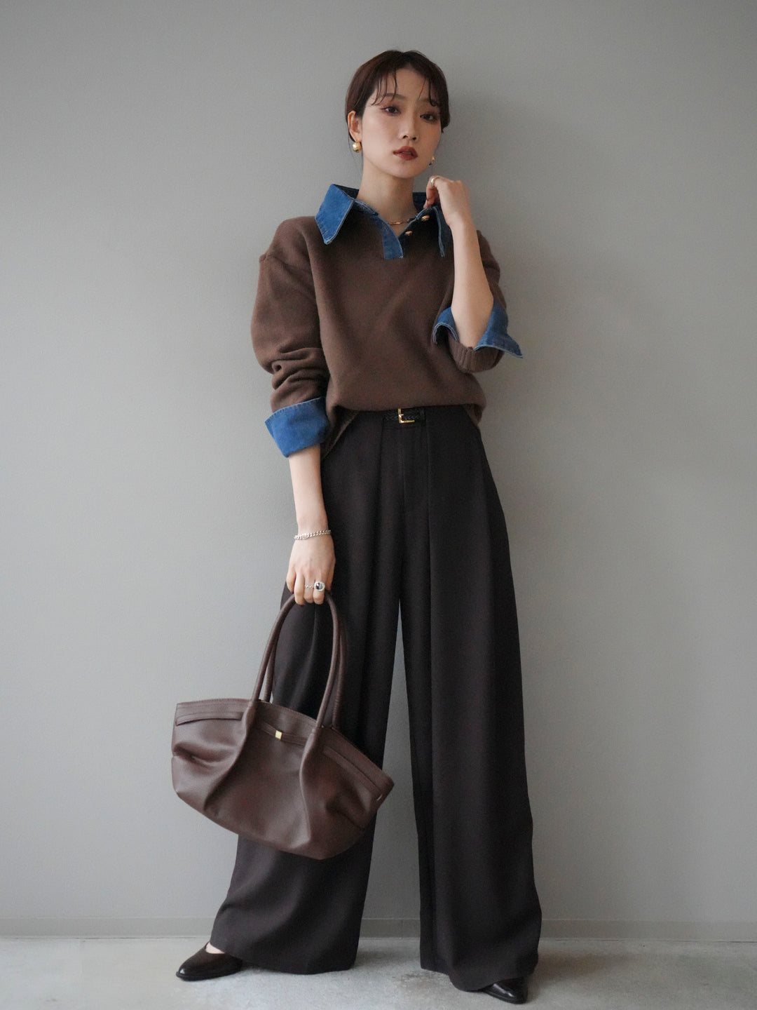 [SET]デニム襟ポロニットプルオーバー+ベルトループデザインワイドパンツ(2set)