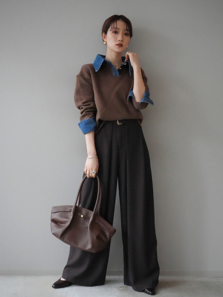 [SET]デニム襟ポロニットプルオーバー+ベルトループデザインワイドパンツ(2set)