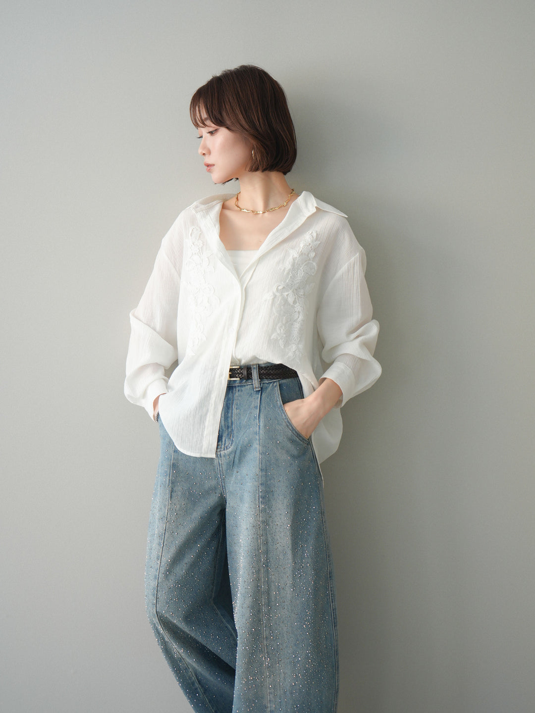 [SET]楊柳刺繍ブラウス+フロントビジューカーブデニムパンツ(2set)