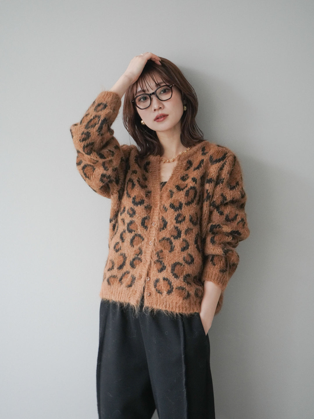 [SET]モヘアタッチレオパード柄ニットカーディガン+モヘアタッチレオパード柄ニットカーディガン(2set)