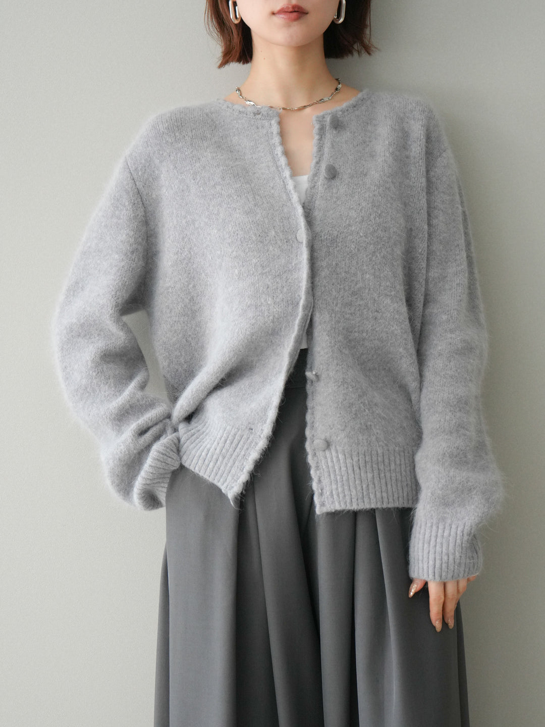 [SET]くるみボタンニットカーディガン+テープベルトタックバギーパンツ(2set)