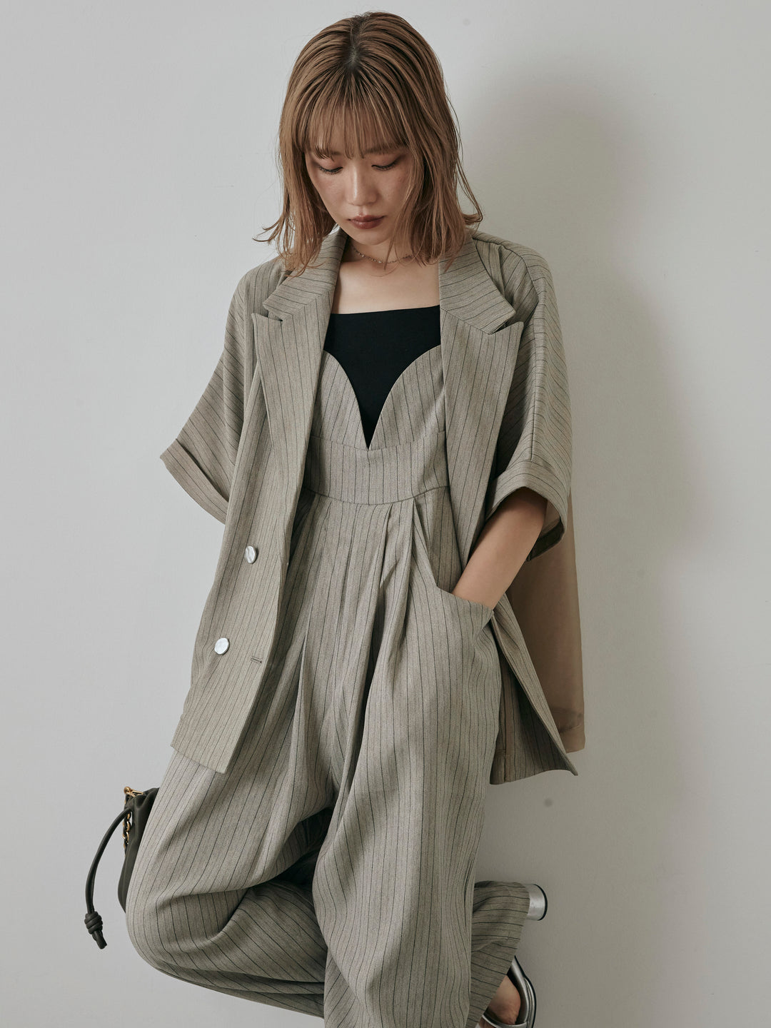 [予約]バックオーガンジーヘリンボーンストライプハーフジャケット/グレージュ