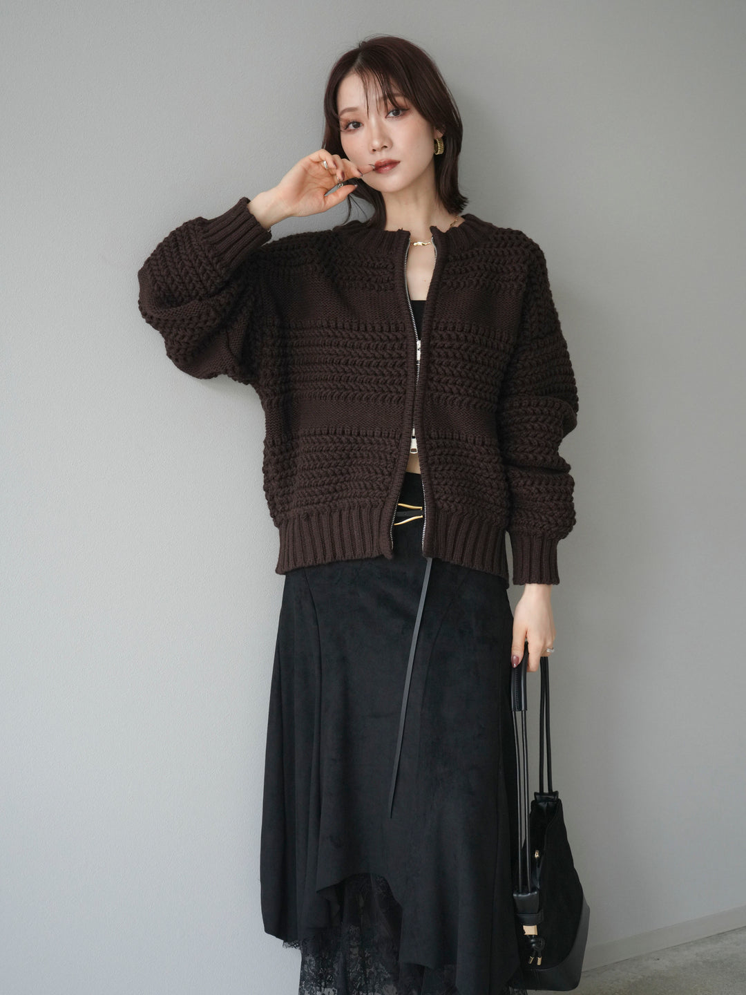 [予約]ケーブル編みZIPニットカーディガン/brown