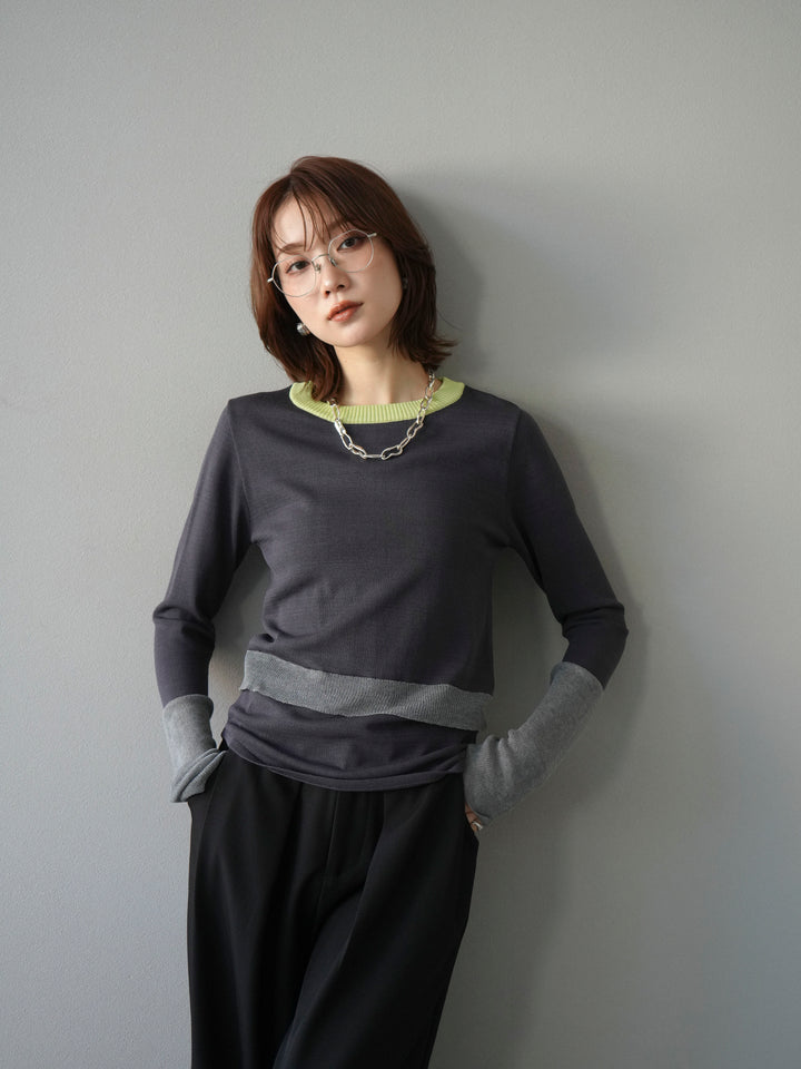 [予約]異素材配色デザインニットトップス/チャコール