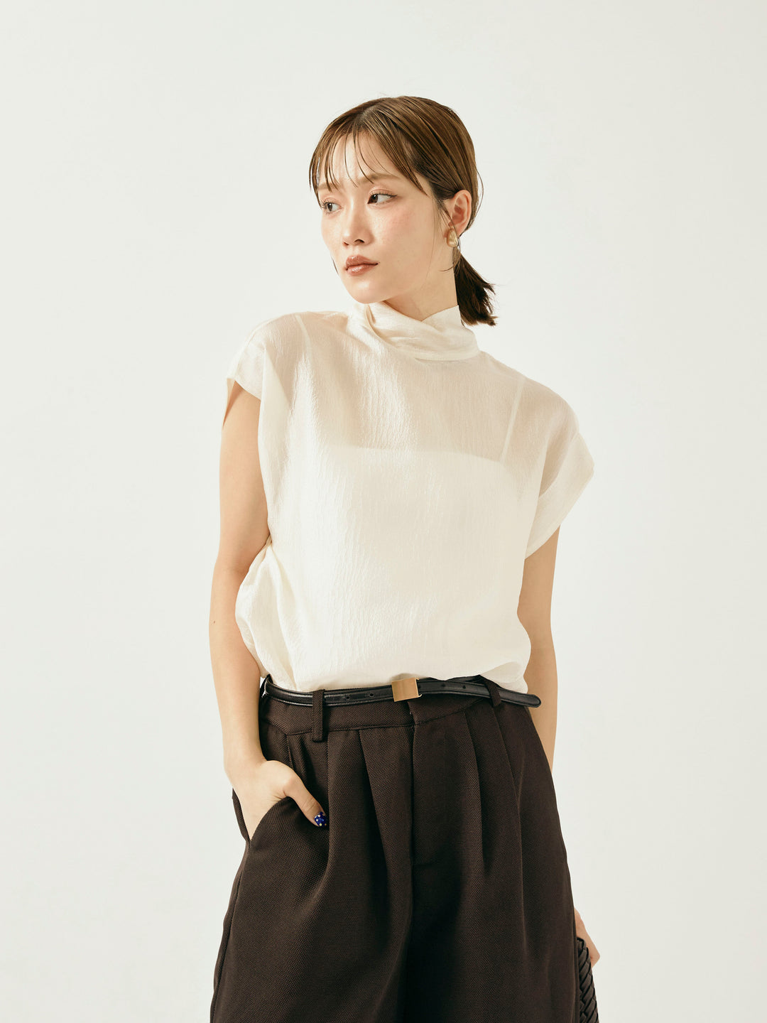 【Allure】[SET]シャイニーシアーブラウス+メッシュタックワイドパンツ(2set)