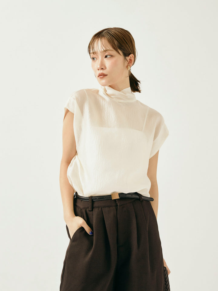 【Allure】[SET]シャイニーシアーブラウス+メッシュタックワイドパンツ(2set)