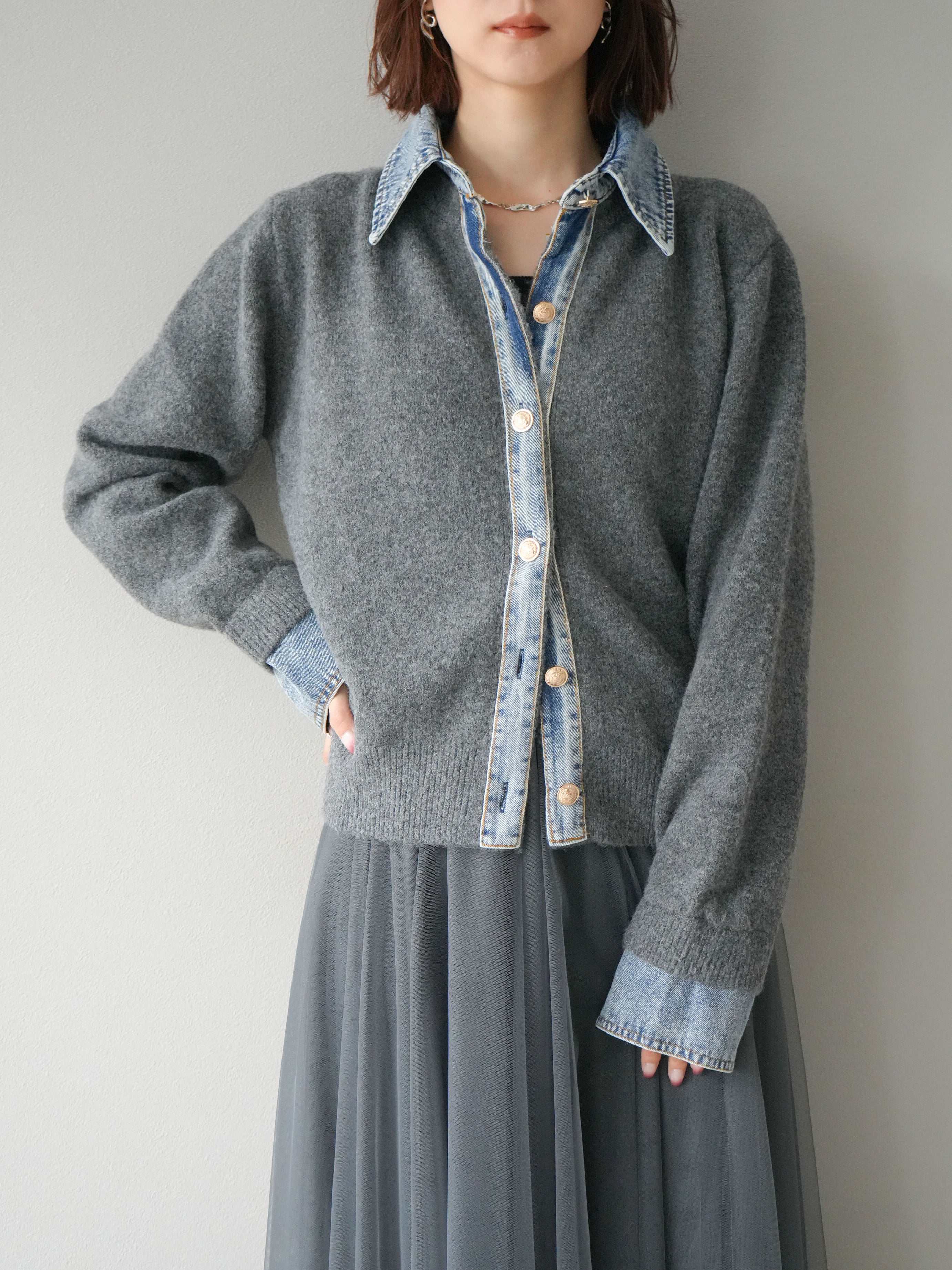 SET]デニム襟ボタンニットカーディガン+チュールボリュームスカート